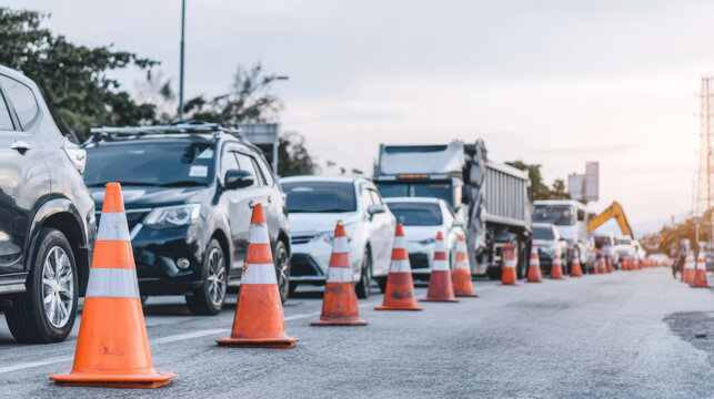 Traffic jam with vehicles waiting on a road section marked by orange safety cones, indicating a construction or repair zone
