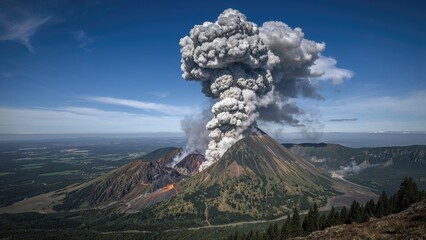 Volcano erupting with ash and smoke billowing into the sky. Natural disaster and geological activity. Volcanology and eruption phenomena. The concept of volcanic activity and eruption processes