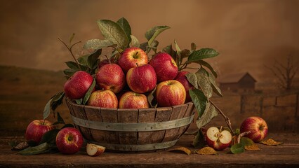 Fresh apples in a wooden basket with leaves, rustic background, seasonal fruit, natural harvest, autumnal setting, healthy produce.
