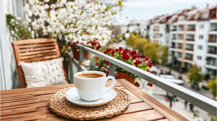 Obraz premium White coffee cup on a wooden table, enjoying a spring morning on a balcony with city buildings and blooming trees in the background