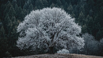 Frost-covered tree in winter forest, with snow on branches and leaves, serene natural scene.