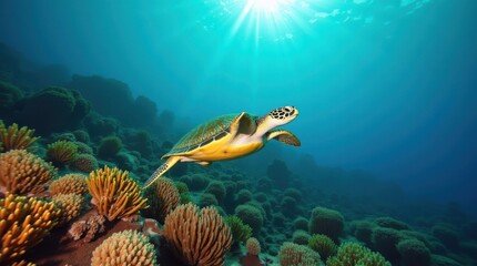 Sea turtle swimming gracefully through vibrant coral reef under sunlight