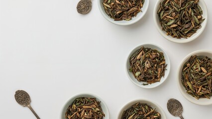 Dried herbs in white bowls arranged on a white background, with metal spoons and coins.