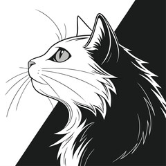 Elegant Cat Head Profile with High Contrast Black and White Design - Vector Art