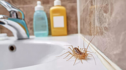 House centipede walking on a white ceramic sink in a bathroom, highlighting domestic pest issues and home insect control concepts