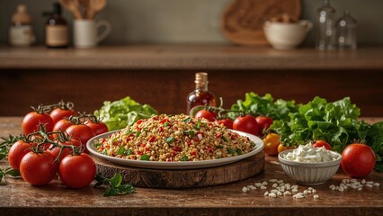 Fresh tomatoes, vegetables, and a bowl of quinoa salad with cherry tomatoes, greens, and sauce on a rustic wooden table.