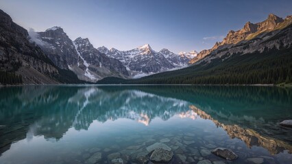 Scenic mountain lake with snow-capped peaks and lush forests reflected in calm water.