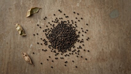 Black peppercorns scattered on a surface with dried leaves.