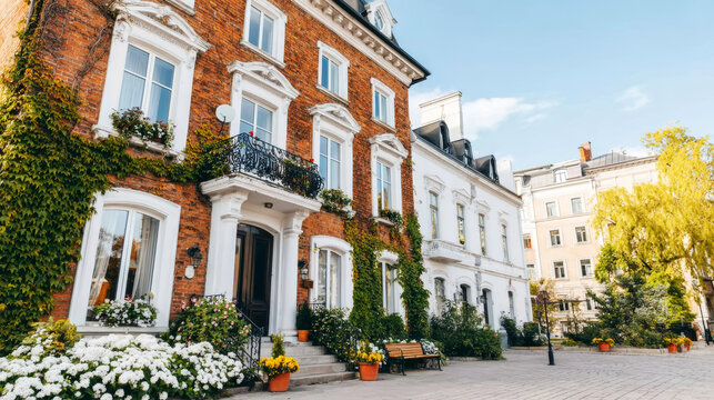 Elegant historic residential facade featuring an entrance with steps, potted plants, and a small park across a cobblestone street