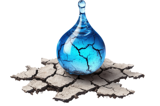 Single blue water droplet resting on cracked surface symbolizes resilience in a drying environment