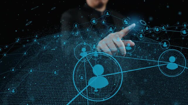 An abstract digital communication network image showcasing a person interaction with visualized connections, emphasizing modern technology and data engagement in business. Cipher