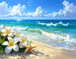 A bright, idyllic tropical beach scene with white plumeria and starfish in the foreground