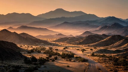 Naklejka premium Majestic mountain range during a warm, golden sunrise with a road winding through the valley