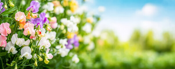 Sweet pea flowers displaying soft pastel colors, creating a beautiful natural background for spring and summer concepts