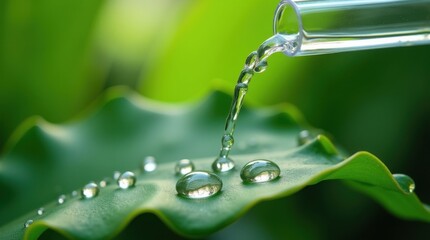 Water droplets falling onto a vibrant green leaf close up