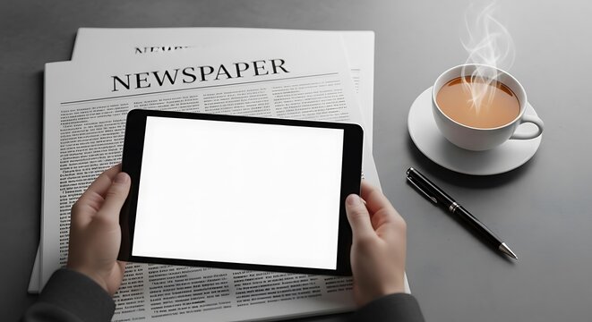 Person holding a tablet with blank screen next to a newspaper, a cup of coffee, and a pen on a gray surface, perfect for showcasing digital content