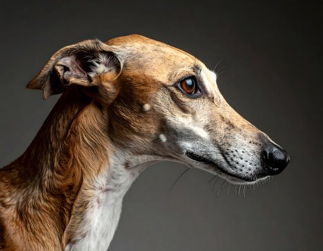 A brindle greyhound's head in profile, sleek and watchful against a soft grey backdrop