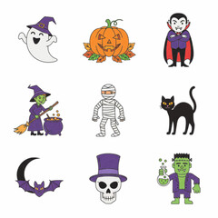 Halloween Cartoon Characters Spooky Icons Set Vector Illustration