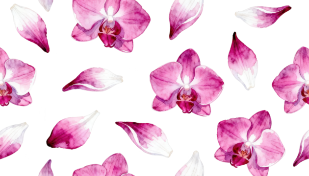 Watercolor Pink Orchid Flowers and Petals Seamless Pattern