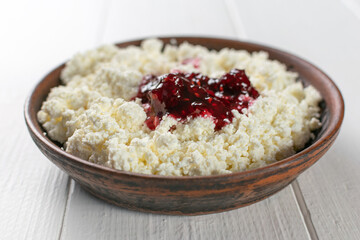 Rustic Cottage Cheese with Berry Jam on Wooden Table Fresh Breakfast Delight