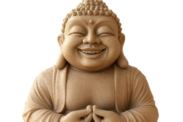 Smiling Buddha statue in serene setting with joyful expression inviting peace and happiness to all who behold it