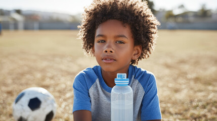 Young African American boy resting on a soccer field, looking at the camera with a water bottle and football