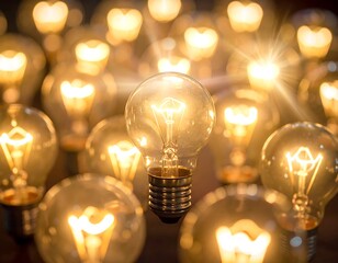 A bright lightbulb in focus, surrounded by many blurry lights on a dark surface