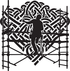 Silhouette of a Construction Worker on Scaffolding with Intricat