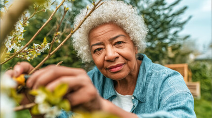 African American senior woman pruning blooming outdoor plant, enjoying active garden hobby and springtime growth