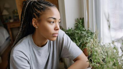 Young woman with braided hair looking out window, contemplating future, feeling content at home