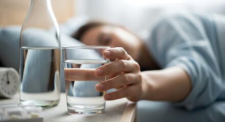 A womans hand reaches for a glass of water on a bedside table, with a bottle and pills nearby, while she is sleeping in her bed