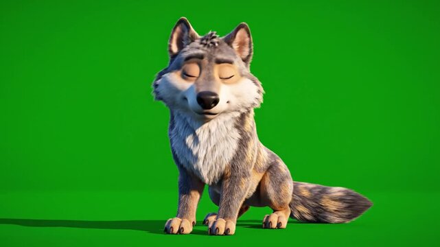 Peaceful 3D Cartoon Wolf Character Sitting on Green Screen Background
