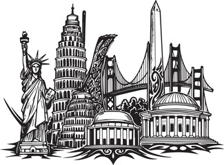 Fototapeta premium Detailed monochrome icon showcasing architectural wonders and gl