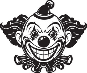 Creepy clown face in black and white design, sinister grin artwo