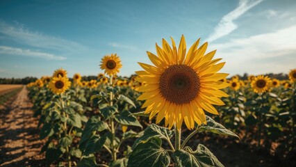 Sunflower field with bright yellow blooms under a blue sky, showcasing vibrant flower growth and lush green leaves.