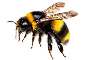 Bumblebee with vibrant yellow and black stripes isolated on a transparent background showcasing its detailed wings and body structure