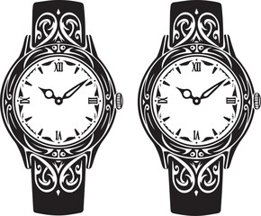 Dual Timepieces: Ornamental Wristwatches in Stylized Black and W