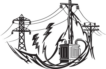 Black and white stylized illustration of electric power infrastr