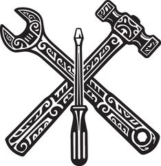 Stylized Tool Assembly Icon with Tribal Tattoo Art Style Craftsm