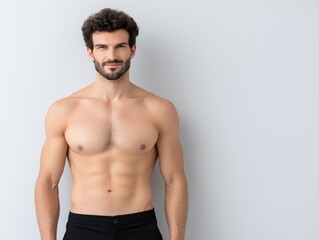 Obraz premium Athletic man with muscular build stands confidently against a neutral background, showcasing strength and fitness, embodying health and vitality in a minimalist setting