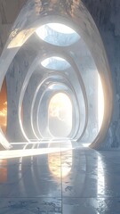 A bright, modern corridor with arched openings and light flooding in, reflecting on the floor