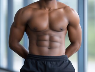 Fototapeta premium Athletic male model with muscular physique stands confidently in a bright indoor setting, showcasing strength and fitness, embodying health and vitality in a modern environment