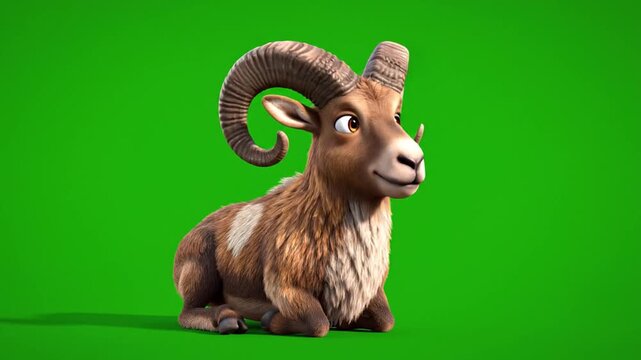 Cute Cartoon Ram Character Sitting on Green Screen Background