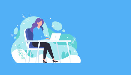 Professional woman working on laptop Remote work business and technology vector illustration