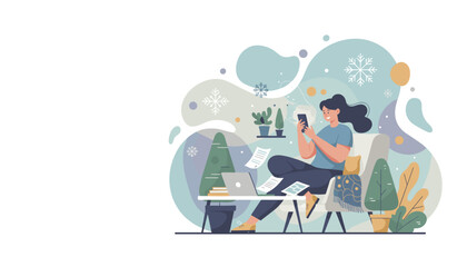 Woman uses phone while telecommuting in cozy winterthemed home office illustration