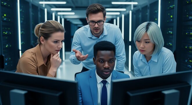 Diverse team collaborating in a server room, analyzing data on monitors, discussing solutions, and ensuring optimal performance and security of the system