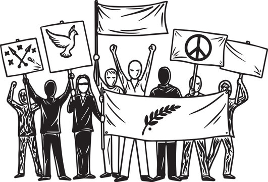 Monochrome illustration depicting crowd uniting for peaceful cau