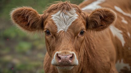 Close-up of a brown calf with white markings on its face, ears, and background.