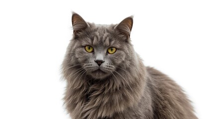 Obraz premium Gray cat with yellow eyes, looking directly at the camera against a white background.