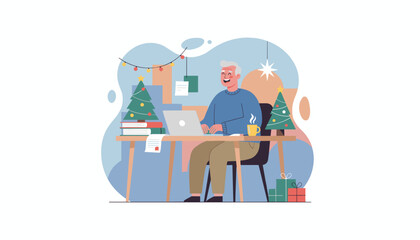 Senior man working happily on laptop in a festive office decorated for Christmas holidays